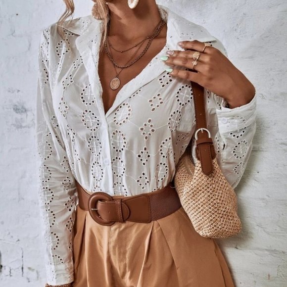 Embroiderd Button Down Blouse top white - Picture 5 of 6